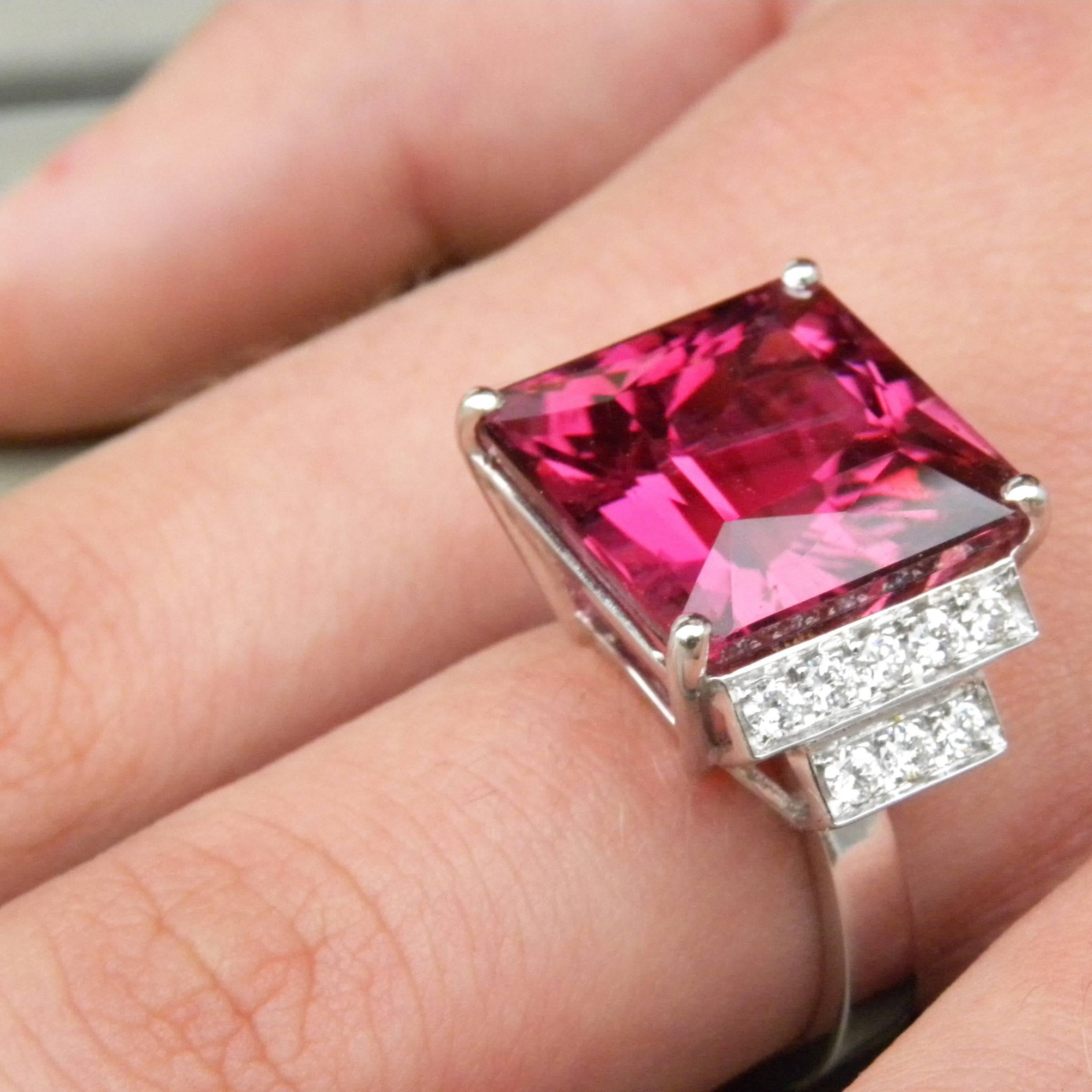 GIA Certified 16.54 Carat Octagonal Cut Pink Tourmaline Diamond Cocktail Ring 1