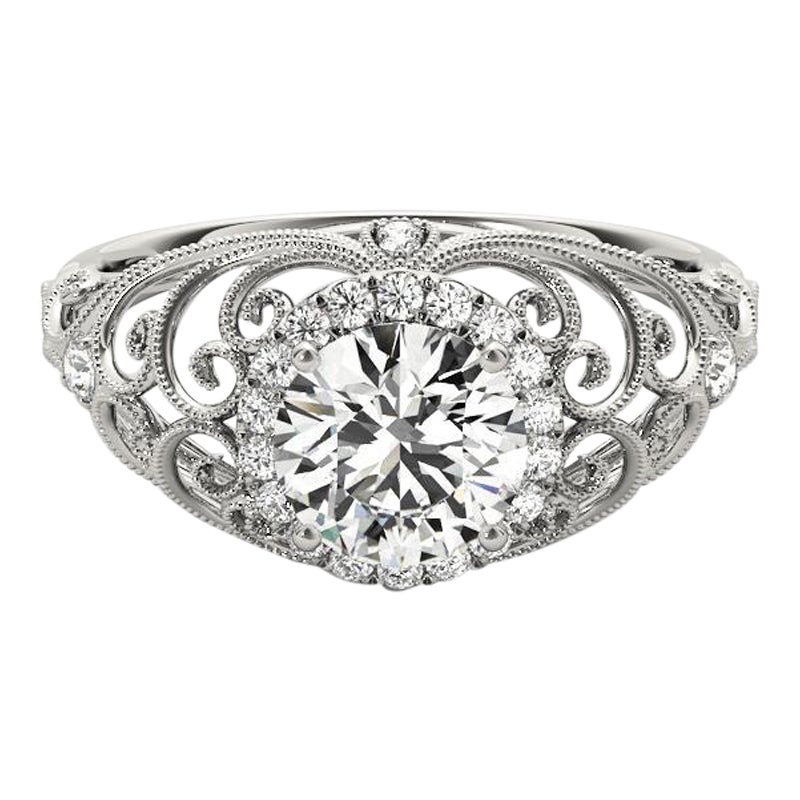 GIA Certified 1.66 Carat Round Halo Ribbon Filigree Dome Platinum Diamond Ring
