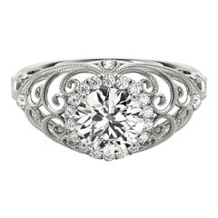GIA Certified 1.66 Carat Round Halo Ribbon Filigree Dome Platinum Diamond Ring