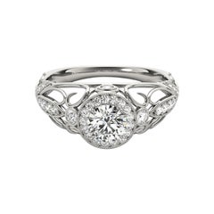 Bague à diamants certifiée GIA de 1,66 carat en forme de halo rond et de ruban déroulant