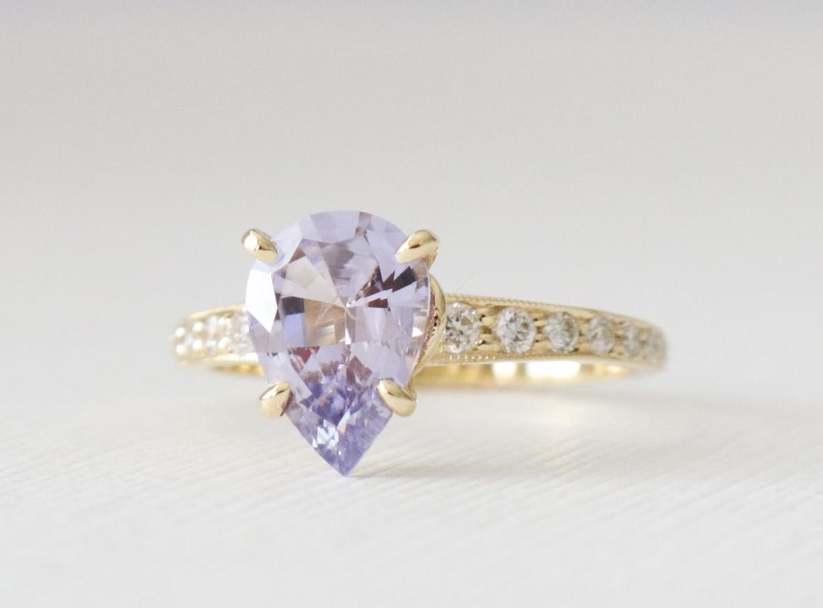Pear Cut GIA Certified 1.66 Carats Natural Pear Shaped Lavender Sapphire Engagement Ring  For Sale