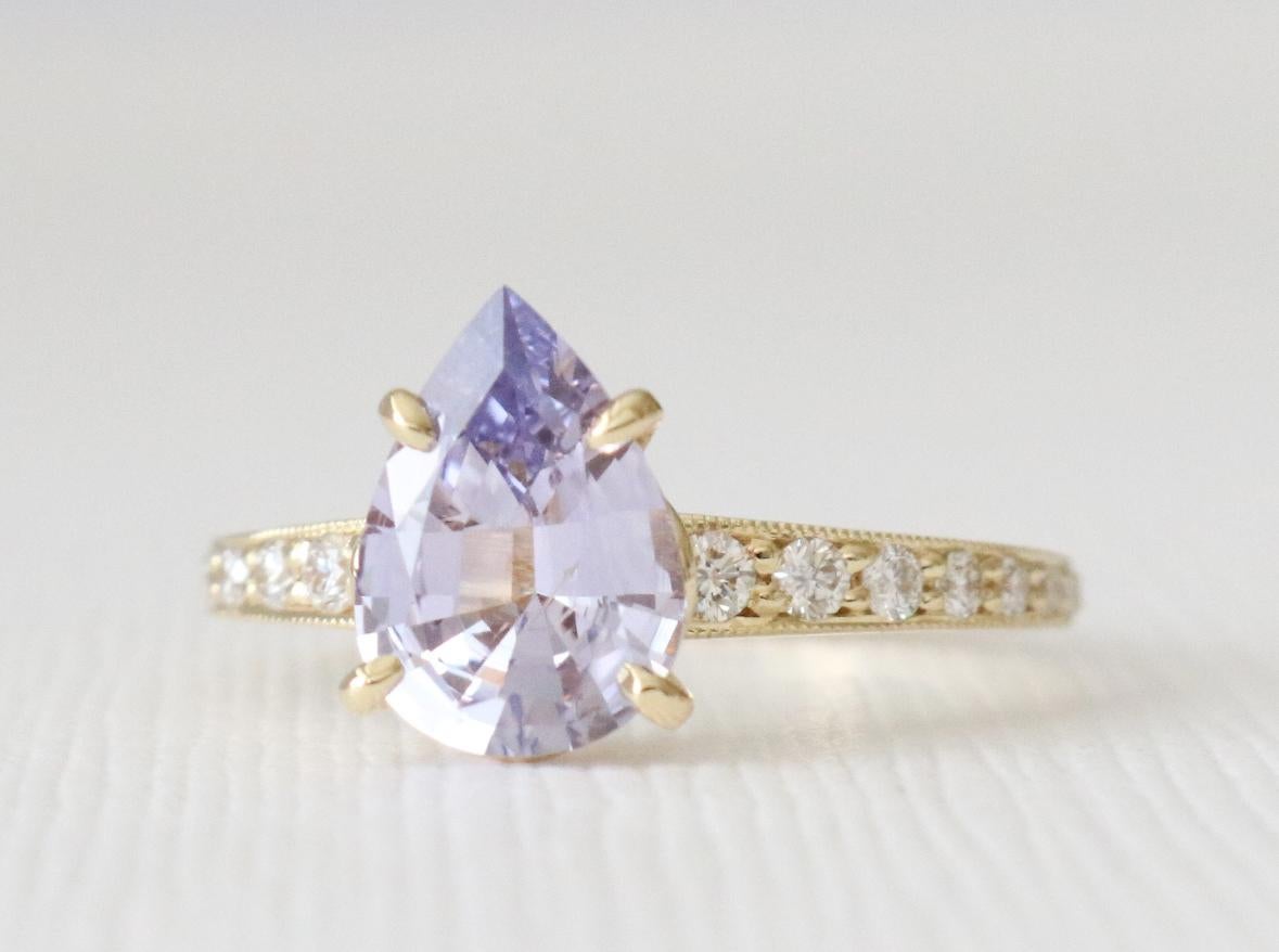 Women's GIA Certified 1.66 Carats Natural Pear Shaped Lavender Sapphire Engagement Ring  For Sale