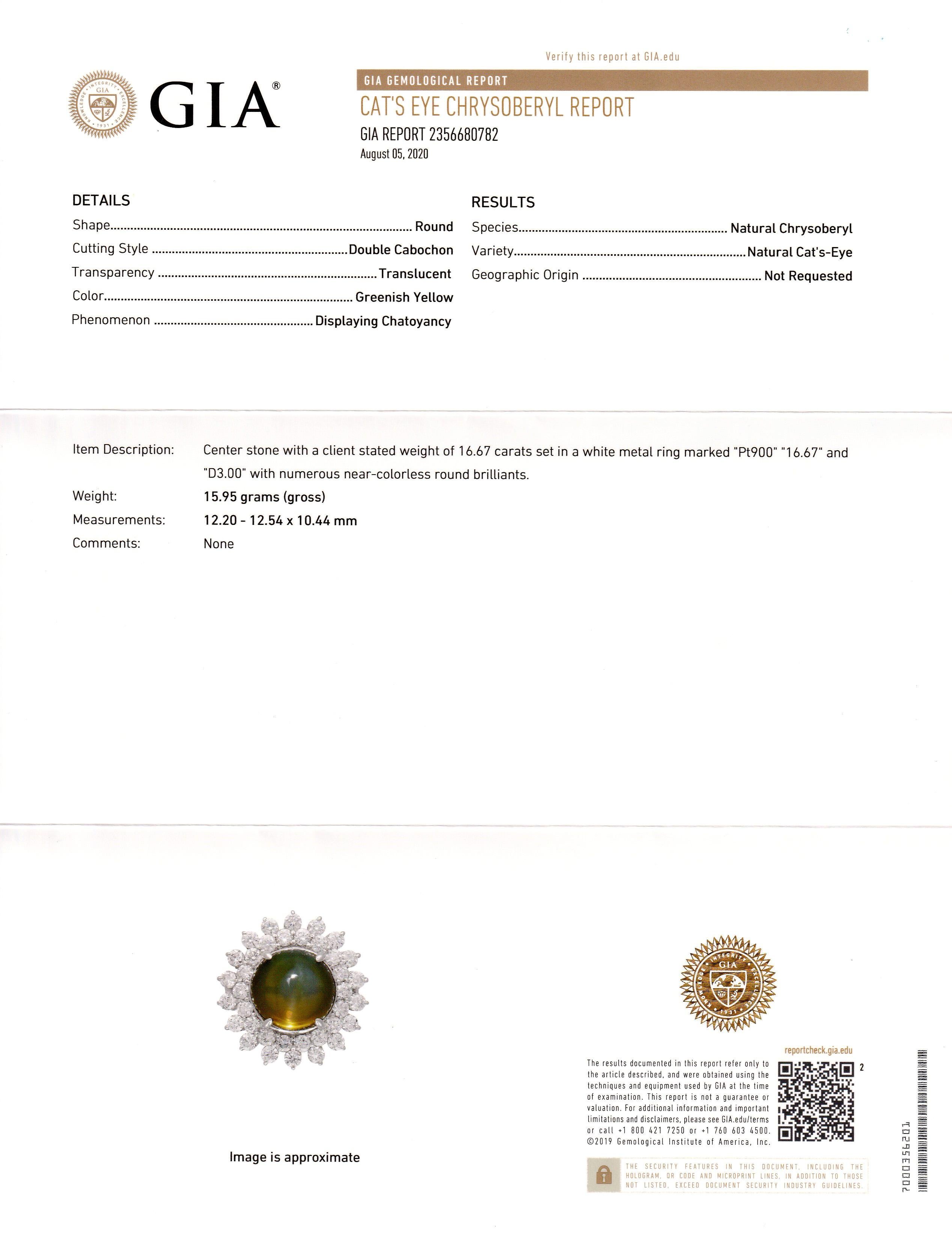 Round Cut GIA Certified 16.67 Carat Chrysoberyl Cats Eye and Diamond Wedding Ring