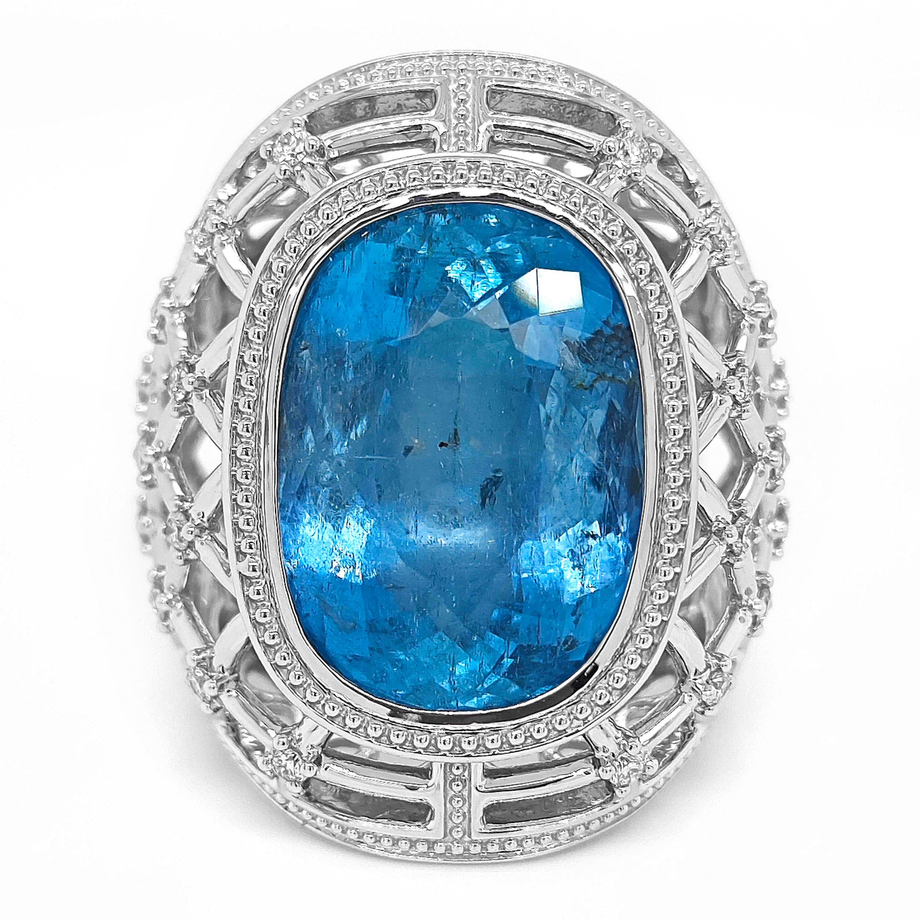 1 Aquamarine Gemstone: 16.33 Carats
24 White Round Diamonds: 0.36 Carats
Metal: 18K White Gold, 00.00 Grams
GIA Certificate # 2235466150
