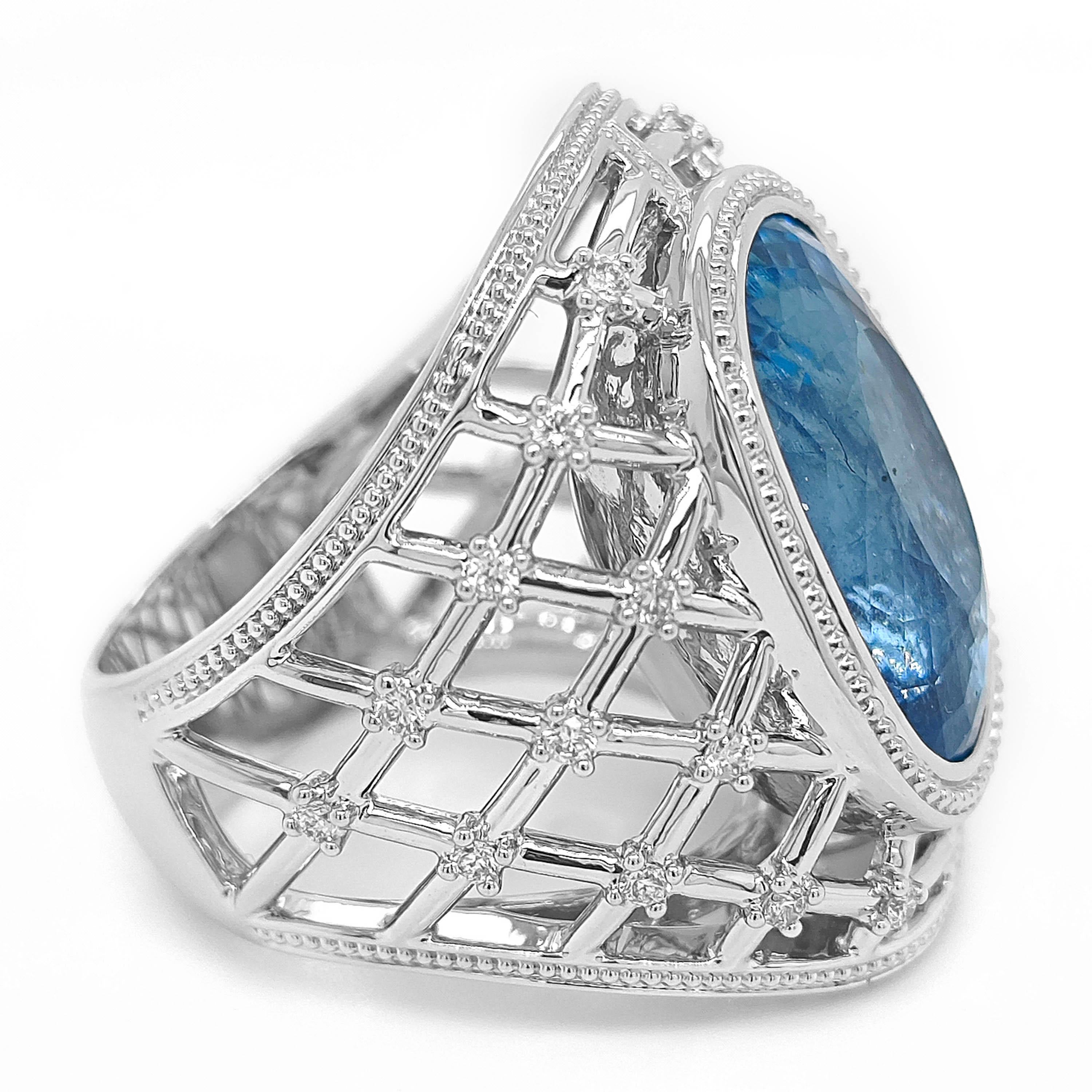 Mixed Cut GIA Certified 16.69 Carat Aquamarine and White Diamond White Gold Ring For Sale