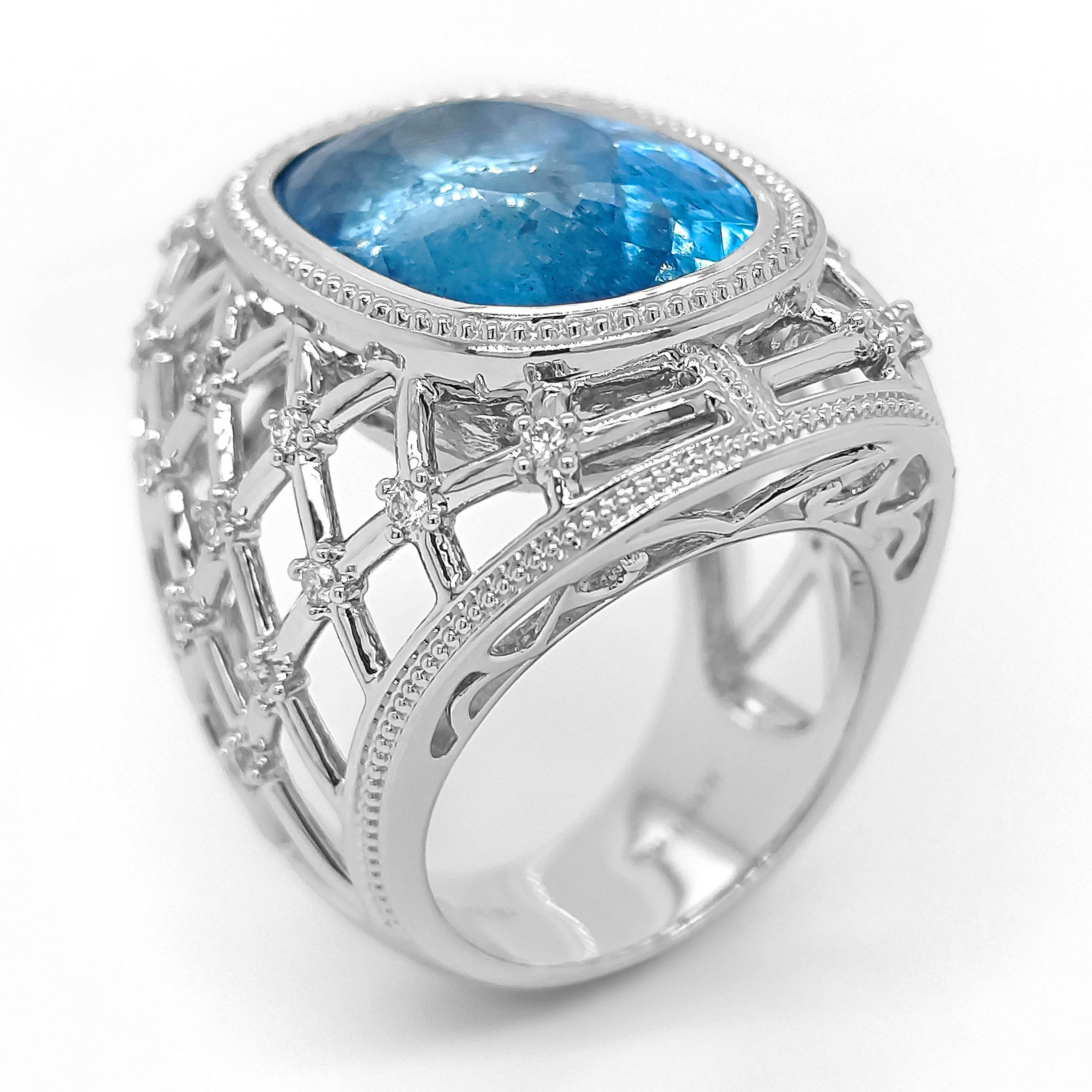 GIA Certified 16.69 Carat Aquamarine and White Diamond White Gold Ring In New Condition For Sale In New York, NY