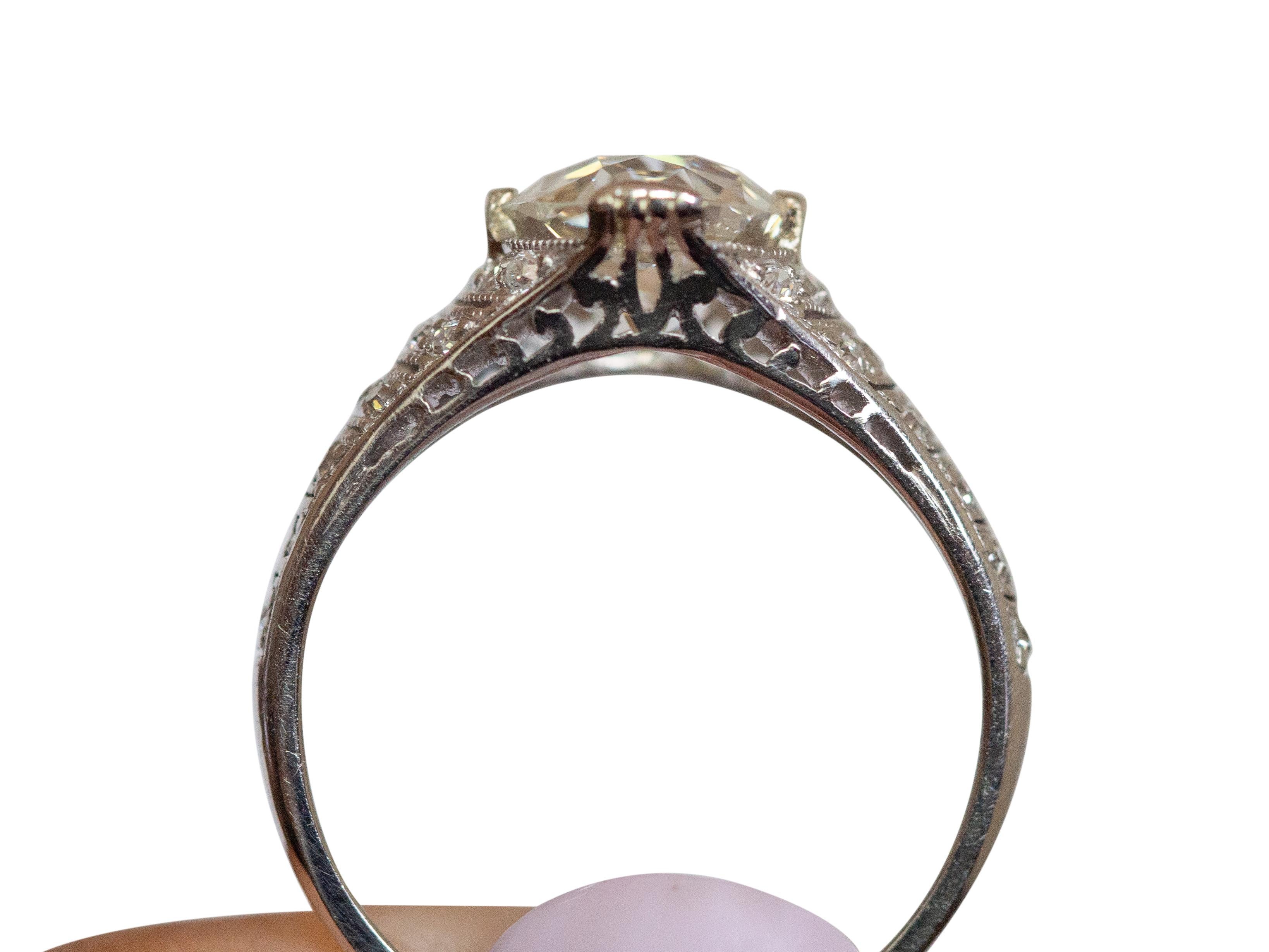 Antique Cushion Cut GIA Certified 1.67 Carat Diamond Platinum Engagement Ring For Sale