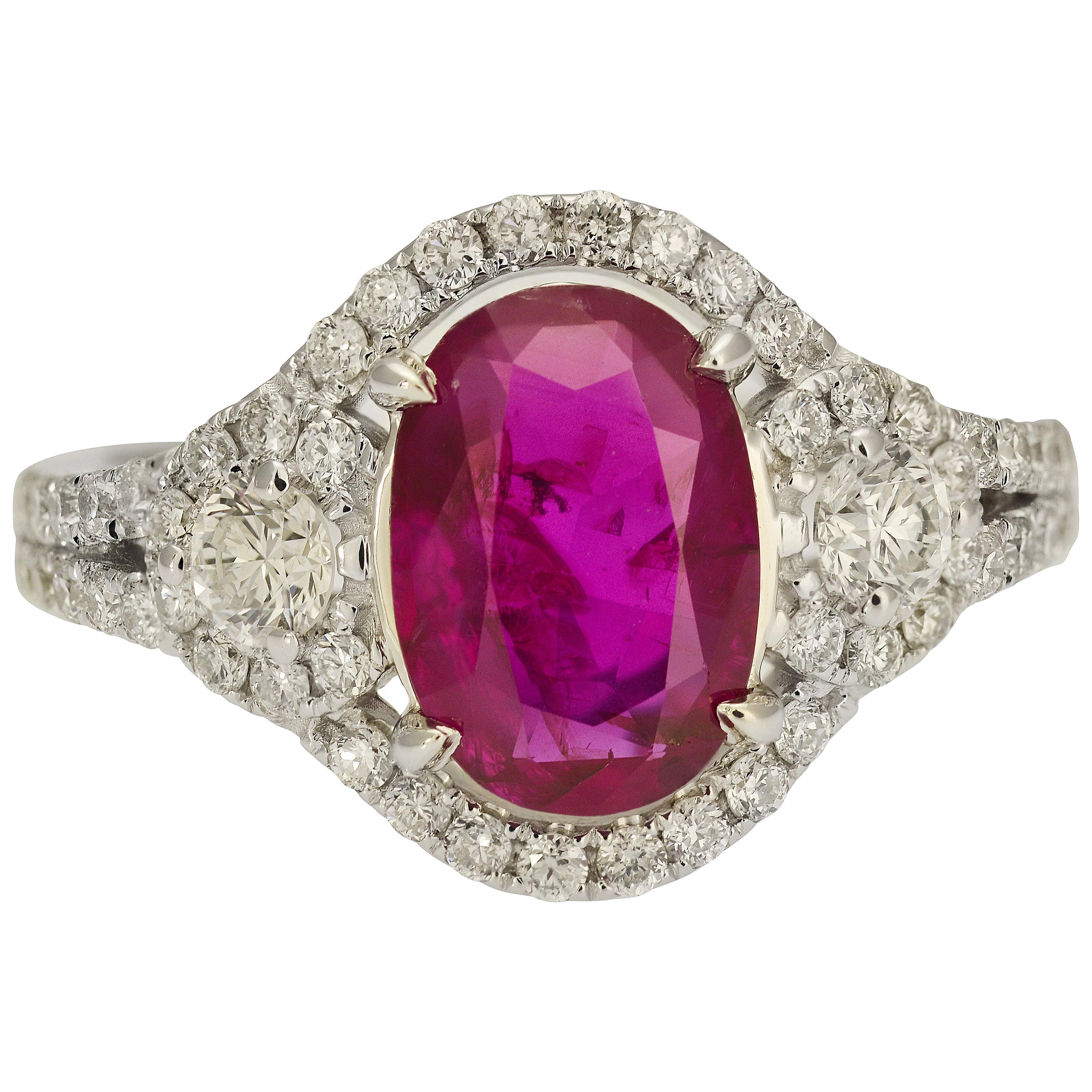 GIA Report Certified 1.67 Carat Unheated Burmese Ruby Ring