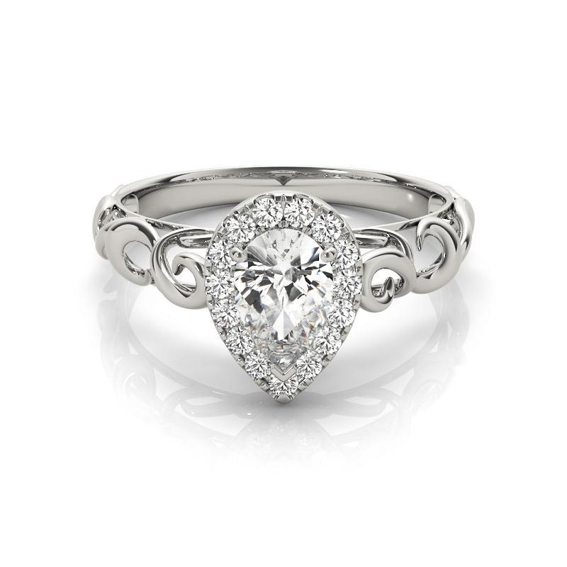 Taille poire Bague à diamant cathédrale certifiée GIA 1,67 carat Pear Halo Ribbon en vente