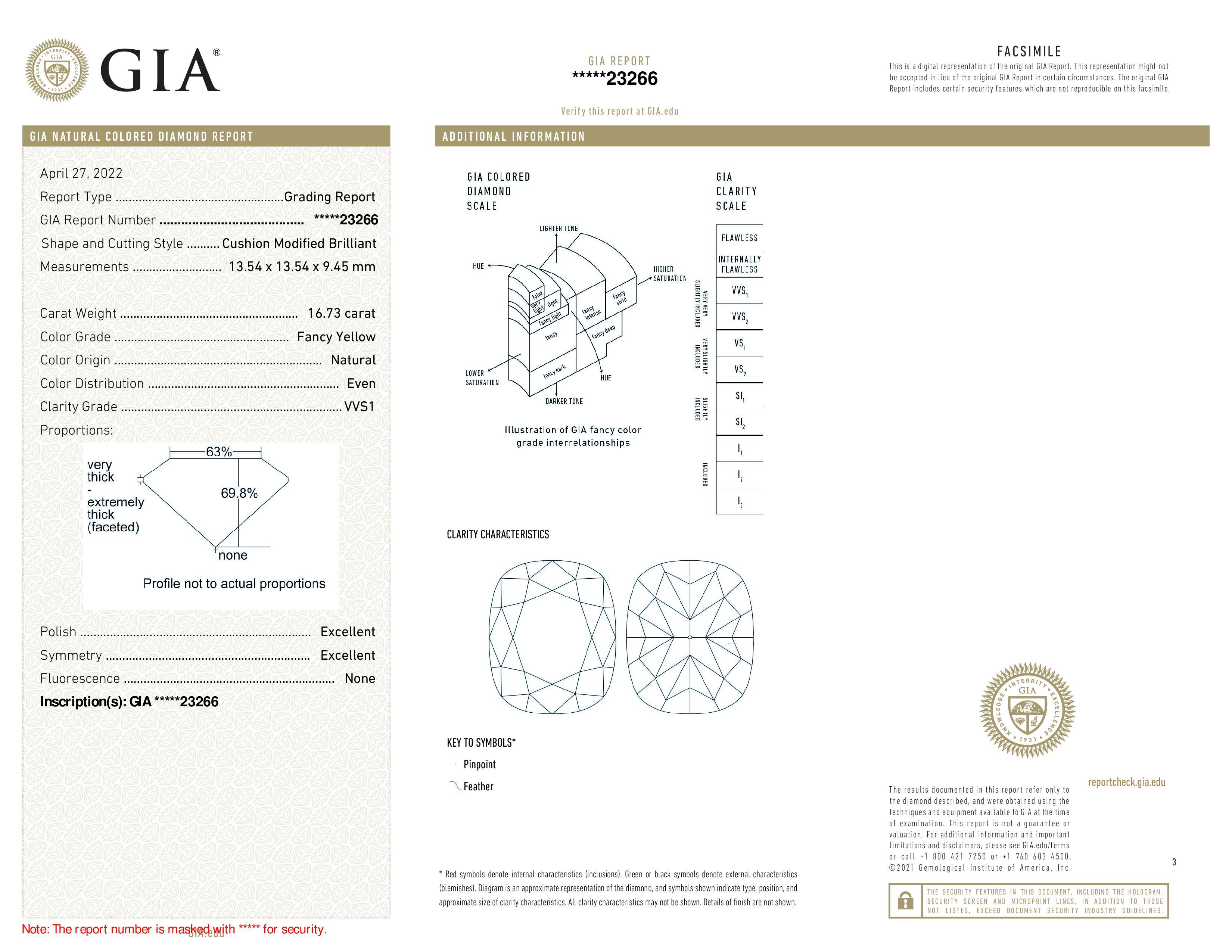 Modern GIA Certified 16.73 Carat Fancy Intense Yellow Cushion Diamond VVS1