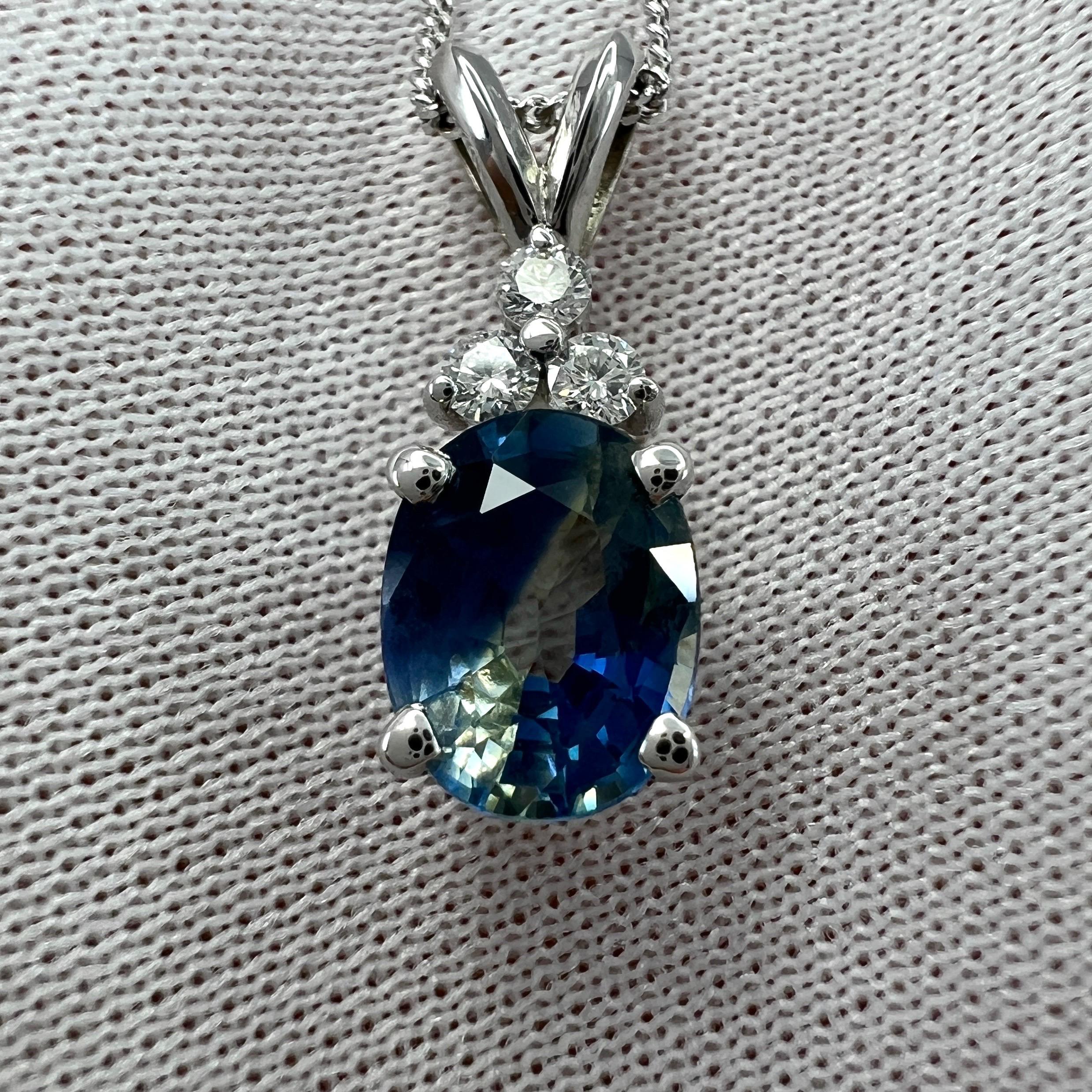 GIA Certified 1.67ct Untreated Bi Color Sapphire Diamond 18k White Gold Necklace In New Condition For Sale In Birmingham, GB