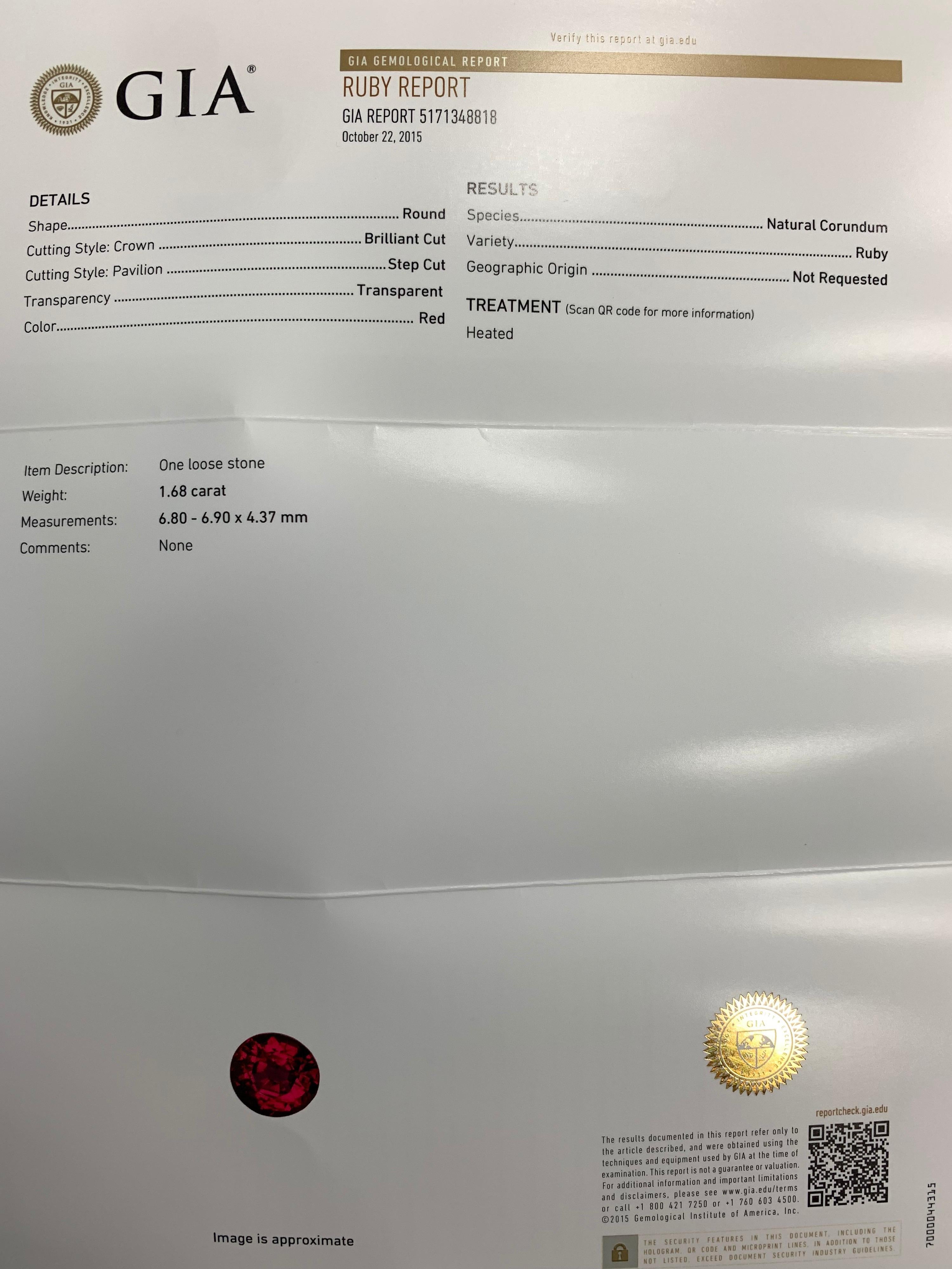 GIA-zertifizierter 1,68 Karat natürlicher runder Brillant-Rubin-Roségold-Verlobungsring (Rundschliff) im Angebot