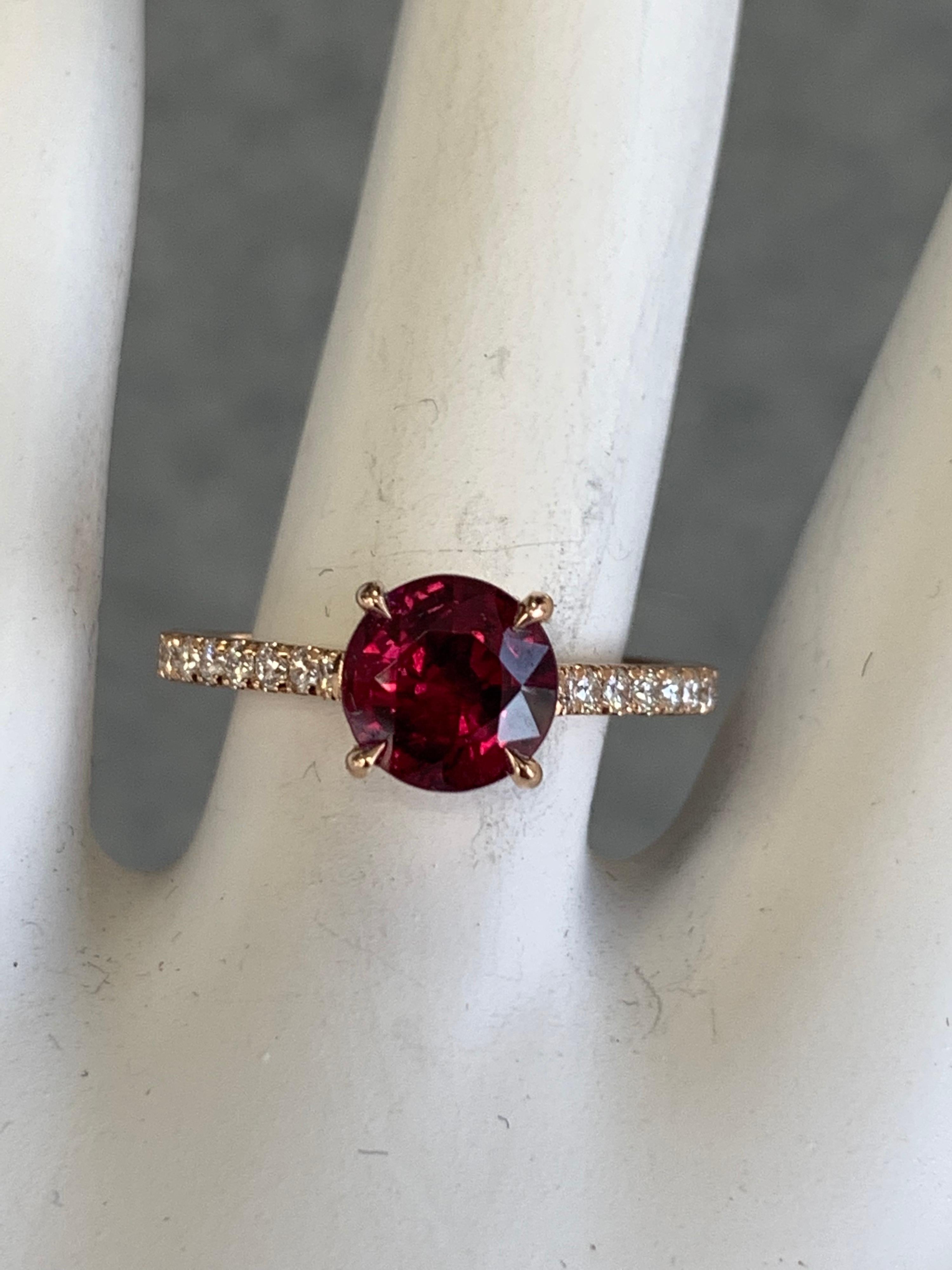 Modern GIA Certified 1.68 Carat Natural Round Brilliant Ruby Rose Gold Engagement Ring For Sale