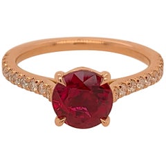 Bague de fiançailles en or rose certifiée GIA de 1,68 carat de rubis rond et brillant naturel