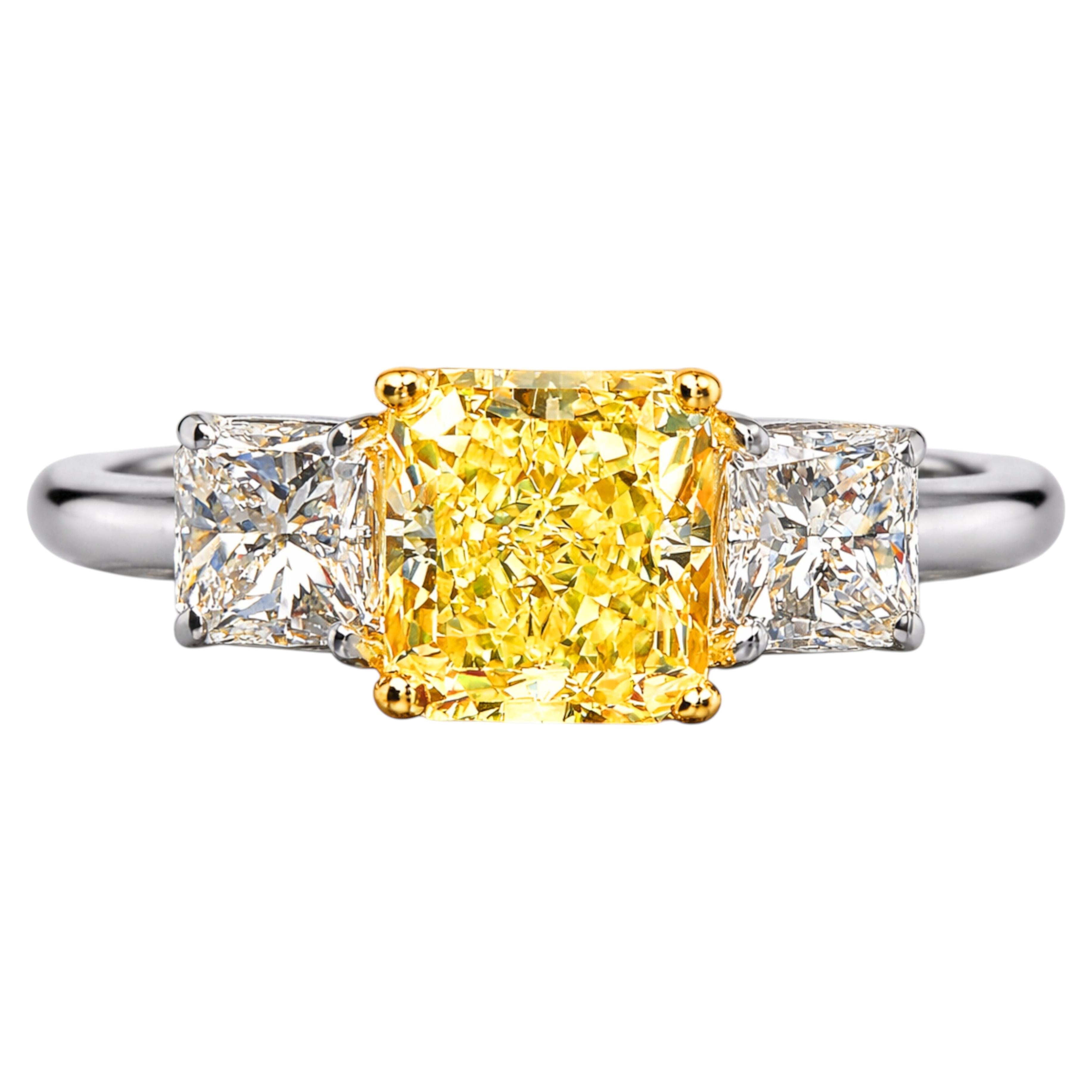 GIA Certified 1.68 Carat Radiant Cut Diamond Three-Stone Platinum and 18K Gold For Sale