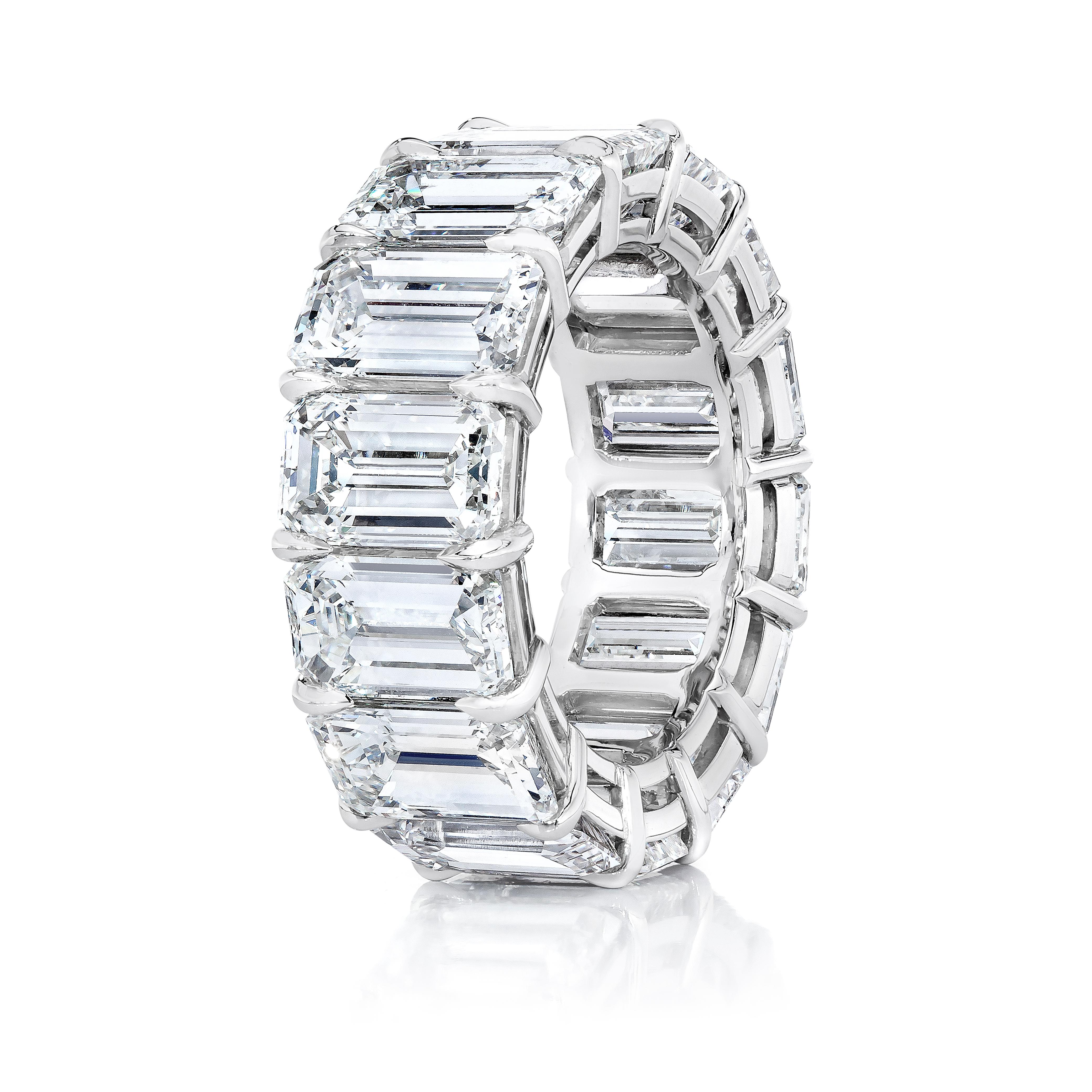 The Ultimate Emerald Cut Eternity Band.
14 Perfectly Matched Emerald Cuts each weighing over 1.20 Carat for 16.80 Carats in Total.
E-G Color and VS-VVS Clarity.
Set in a Platinum Handmade Classic Setting