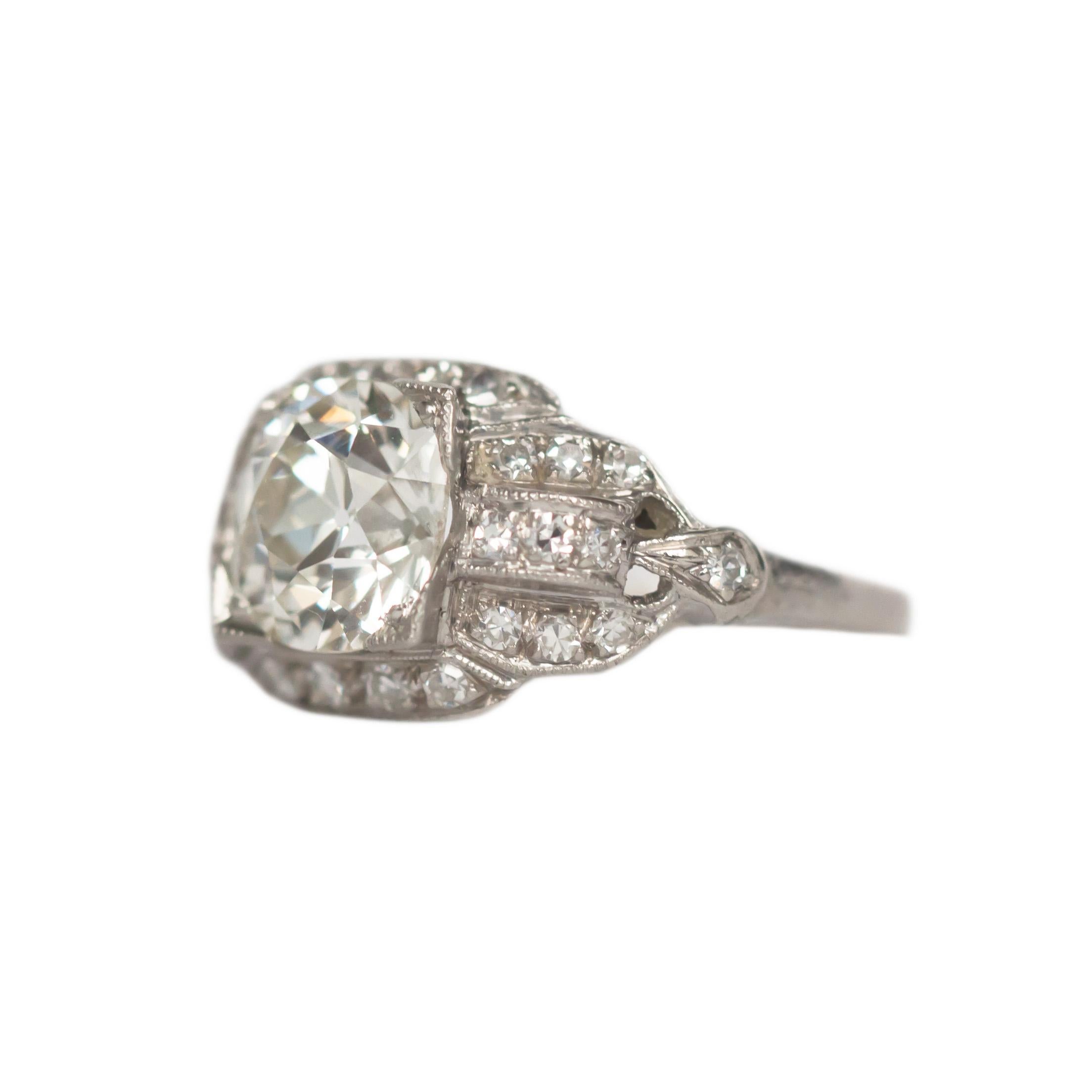 Item Details: 
Ring Size: 4.95
Metal Type: Platinum [Hallmarked, and Tested]
Weight: 3.6 grams

Center Diamond Details:
GIA REPORT # 2201792868
Weight: 1.69 carat
Cut: Antique Cushion [Old Mine Brilliant]
Color: K 
Clarity: VVS2

Side Diamond