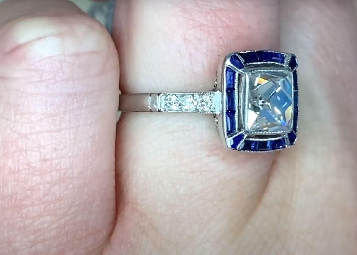 French Cut GIA-Certified 1.69 Carat French-Cut Diamond Ring, Sapphire Halo, Platinum For Sale