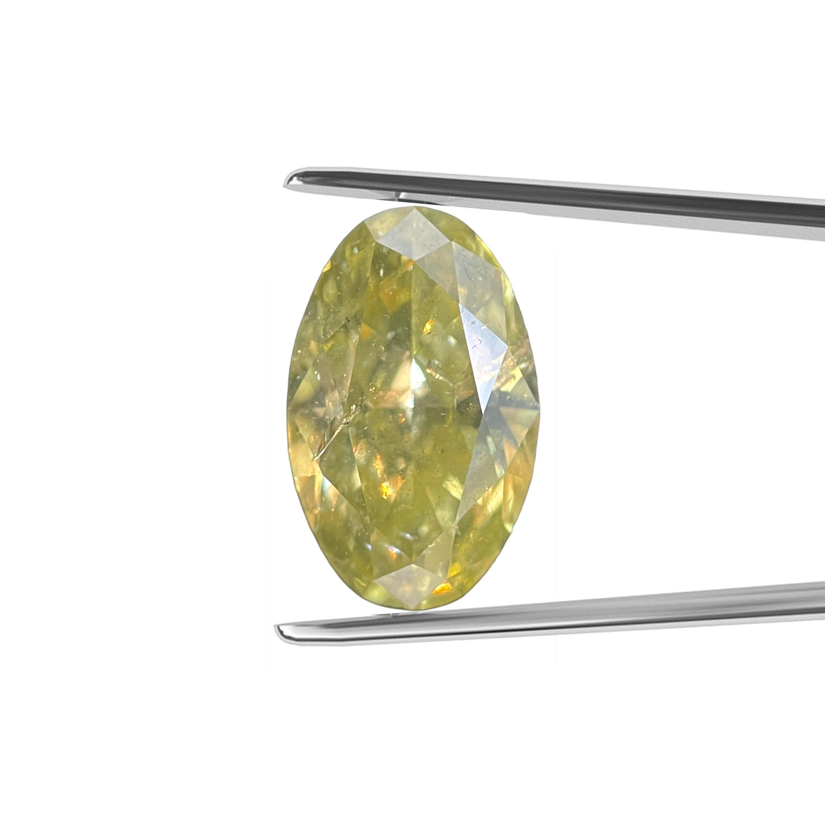 ITEM DESCRIPTION

ID #:	NYC56774
Stone Shape: OVAL BRILLIANT 
Diamond Weight: 1.69ct
Clarity: I1
Color: Fancy Intense Yellow
Cut:	Excellent
Measurements: 9.87 x 6.27 x 3.84 mm
Depth %:	61.2%
Table %:	54%
Symmetry: Very Good
Polish: Very