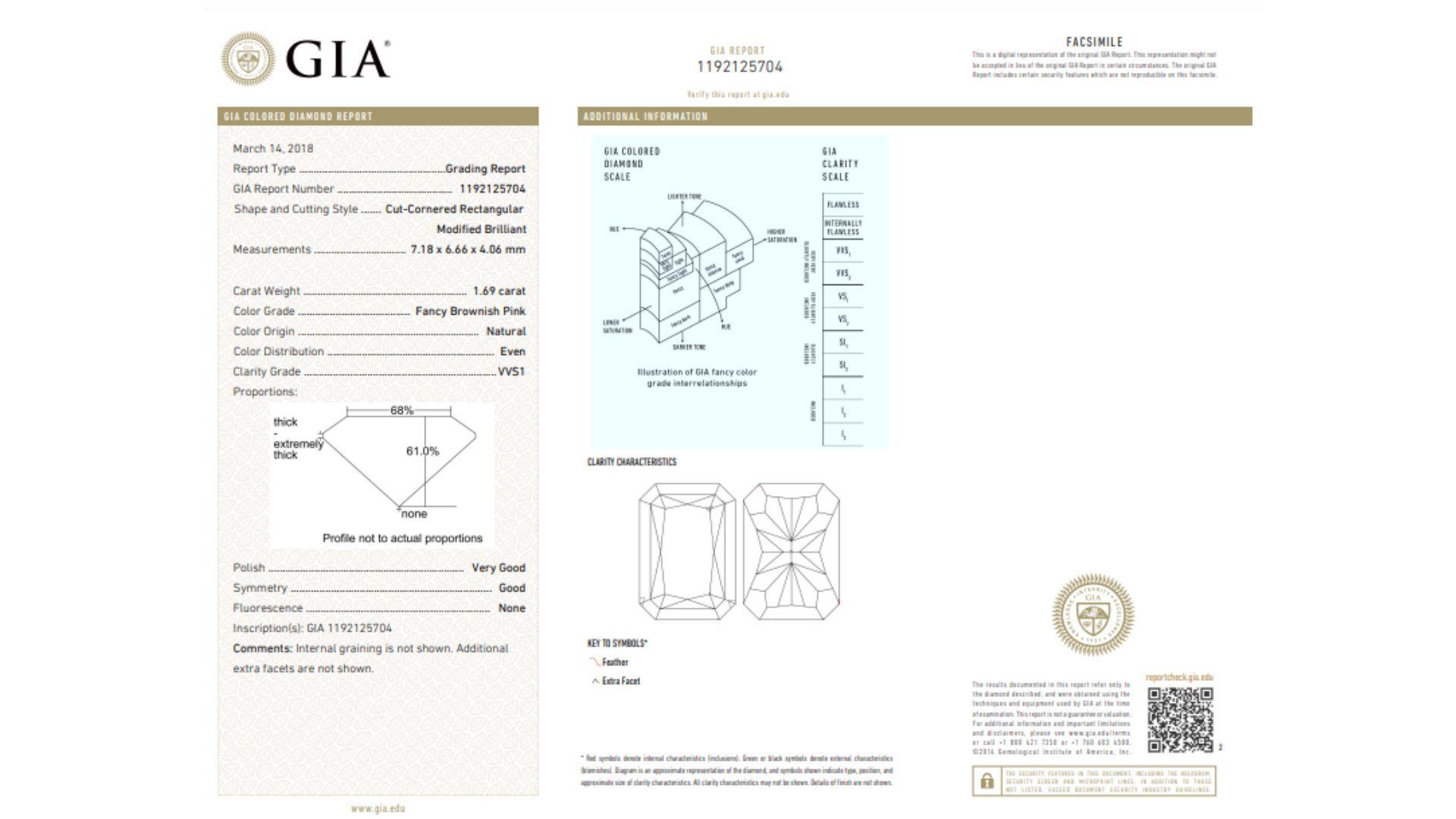 GIA Certified 1.69 Carat Radiant Cut Fancy Brownish Pink Diamond and 2.46 Carat Mixed Cut White Diamond Halo Engagement Ring in 18K White & Rose Gold. 

Set with a diamond halo of two half-moon diamonds weighing 0.41 carats, with F color and VS1