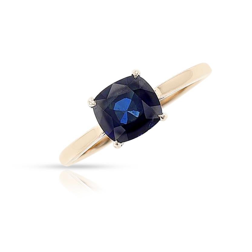 A GIA Certified 1.69 ct. Cushion-Cut Unheated Burma Sapphire Ring with Diamonds, 14k Yellow Gold. The diamonds weigh 0.08 carats. The total weight of the ring is 2.53 grams. Ring size is 6.50 US.