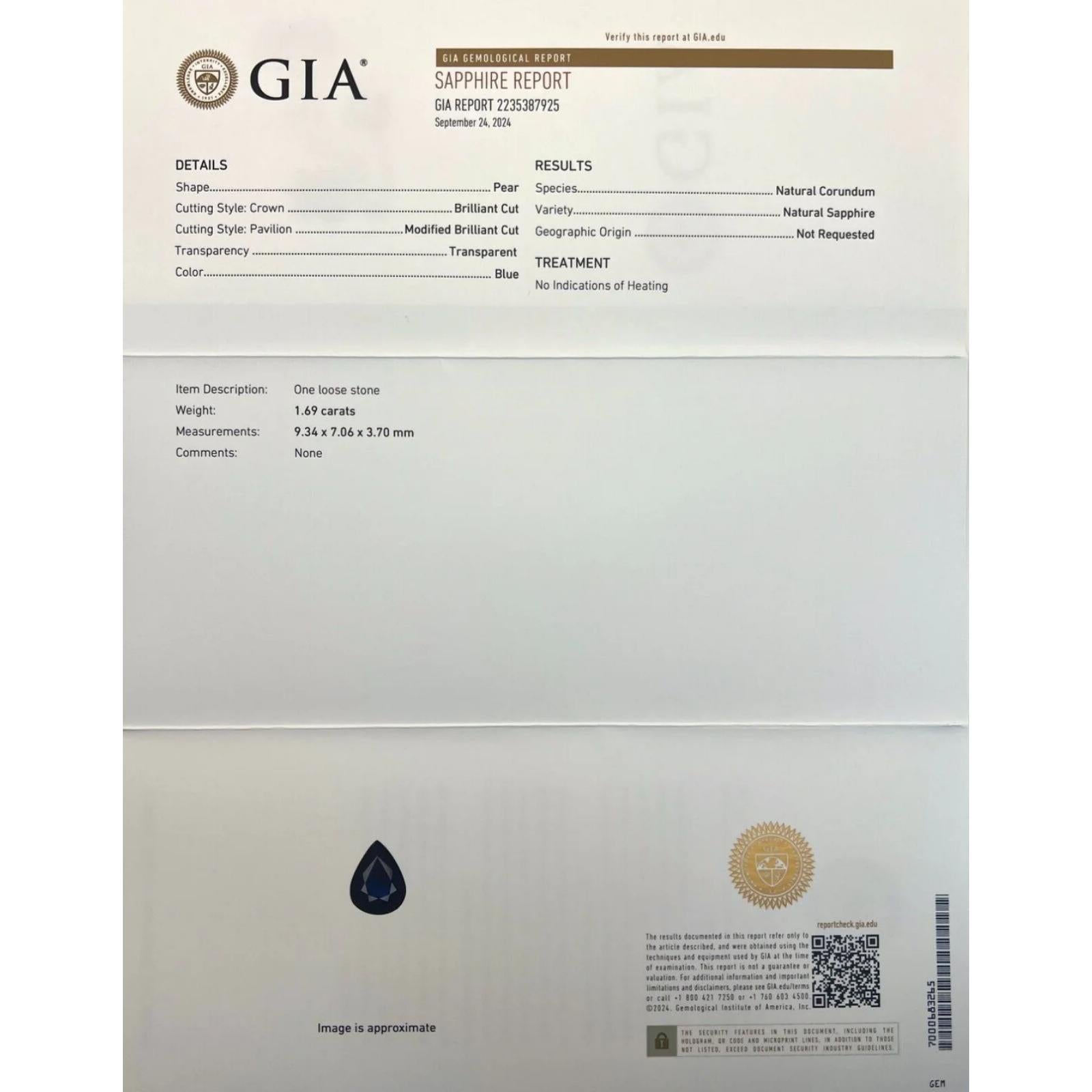 GIA Certificado 1,69ct Azul profundo Zafiro sin tratar Gema corte lágrima pera 9,3x7mm Corte pera en venta