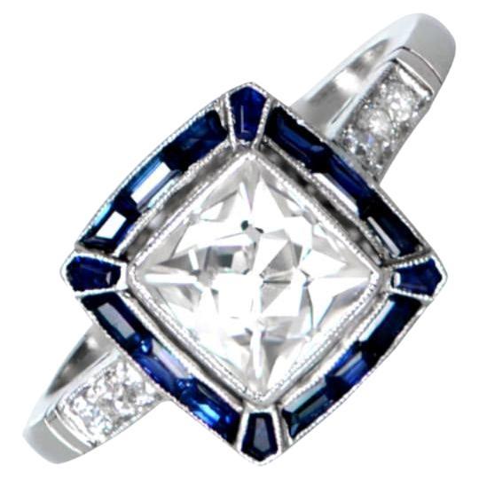 GIA-Certified 1.69 Carat French-Cut Diamond Ring, Sapphire Halo, Platinum For Sale