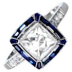 GIA-Certified 1.69 Carat French-Cut Diamond Ring, Sapphire Halo, Platinum