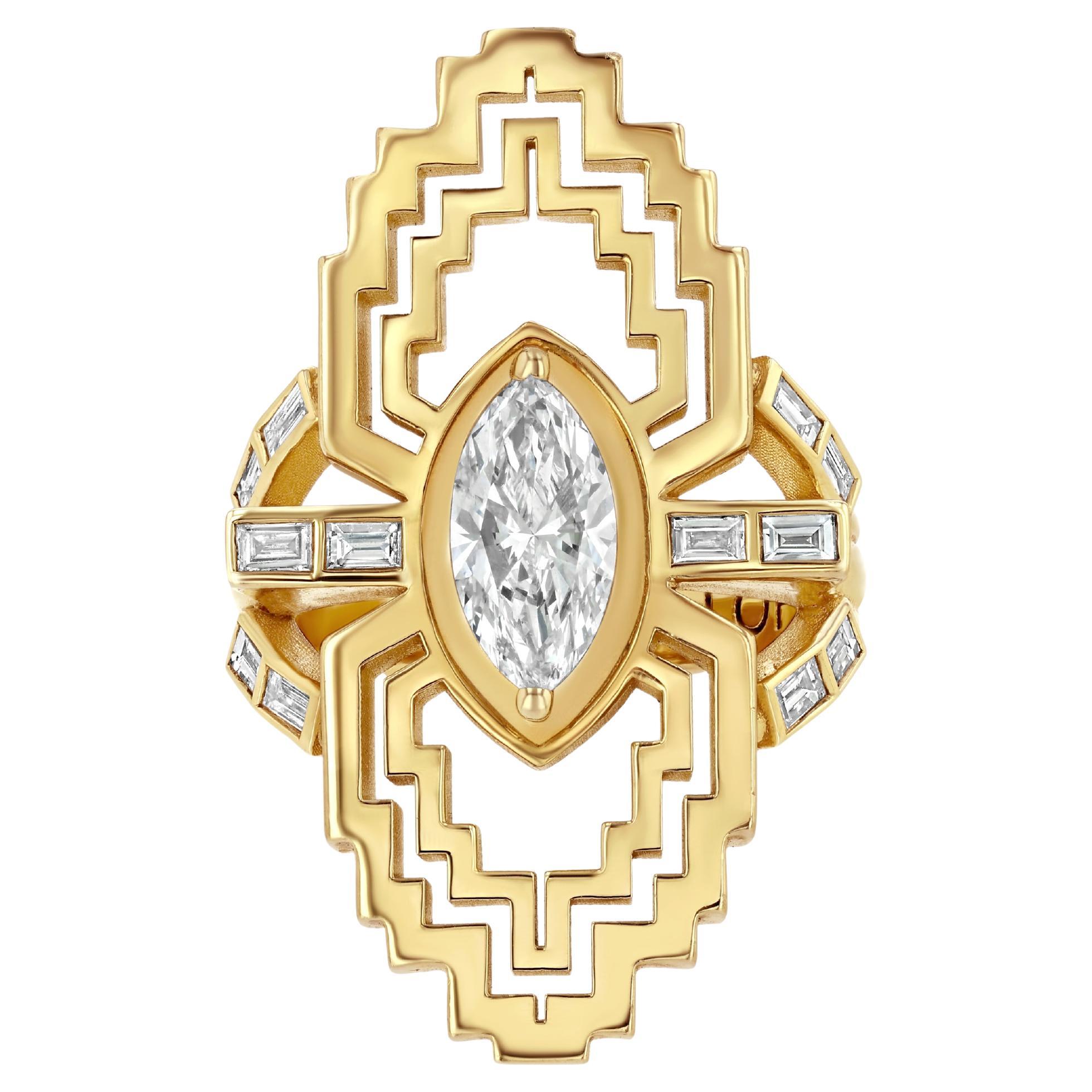 En vente :  Bague en or jaune 18 carats certifiée GIA et ornée d
un diamant marquise antique de 1,7 carat