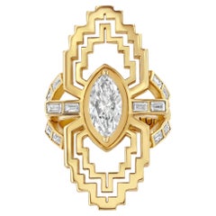 Bague en or jaune 18 carats certifiée GIA et ornée d'un diamant marquise antique de 1,7 carat