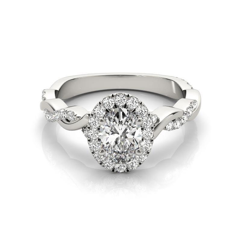 Taille ovale Bague à diamant en or blanc 18 carats certifiée GIA de 1,7 carat avec anneau tressé et halo ovale en vente