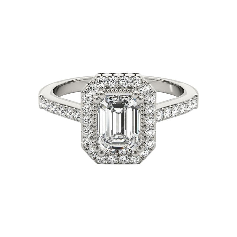 Anello con diamante smeraldo aureolato in oro bianco 18 carati certificato GIA da 1,7 carati