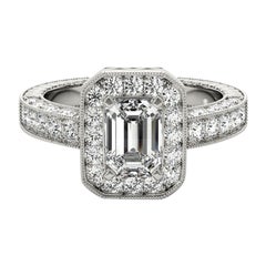 GIA Certified 1.7 Carat Emerald Halo Openwork Pave Diamond Ring