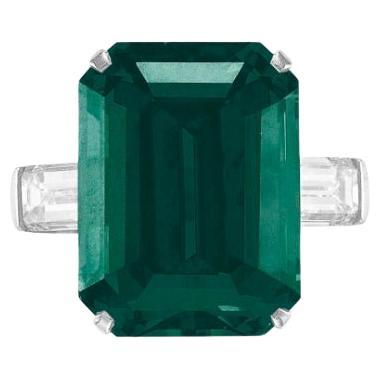 GIA Certified 17 Carat Natural Green Emerald Minor Oil Diamond Platinum Ring