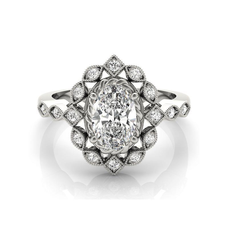 Taglio ovale GIA Certificato 1.7 Carati Fiore ovale a doppia aureola  Anello con diamante in vendita