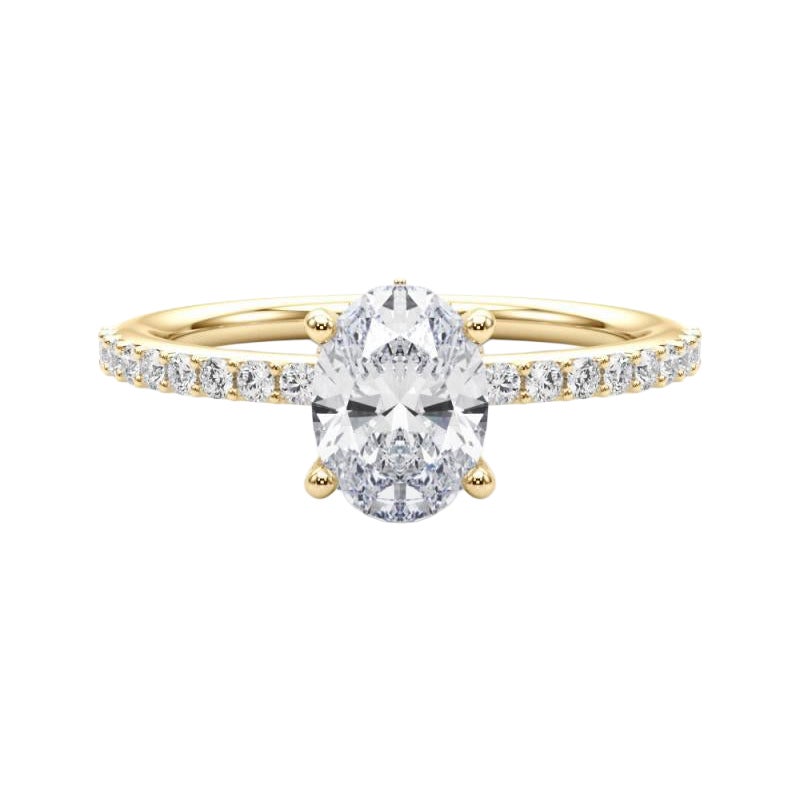 Anello con diamante aureolato ovale a mezza eternità in oro giallo 18 carati certificato GIA da 1,7 carati