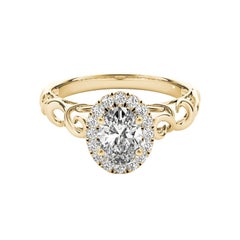 Anello con diamante ovale aureolato certificato GIA da 1.7 carati in oro giallo Cathedral