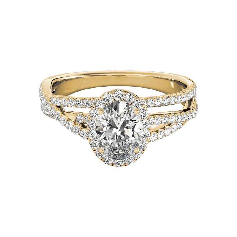Anello con diamanti in oro giallo certificato GIA da 1.7 carati, con tripla fascia a raggiera ovale e pavé
