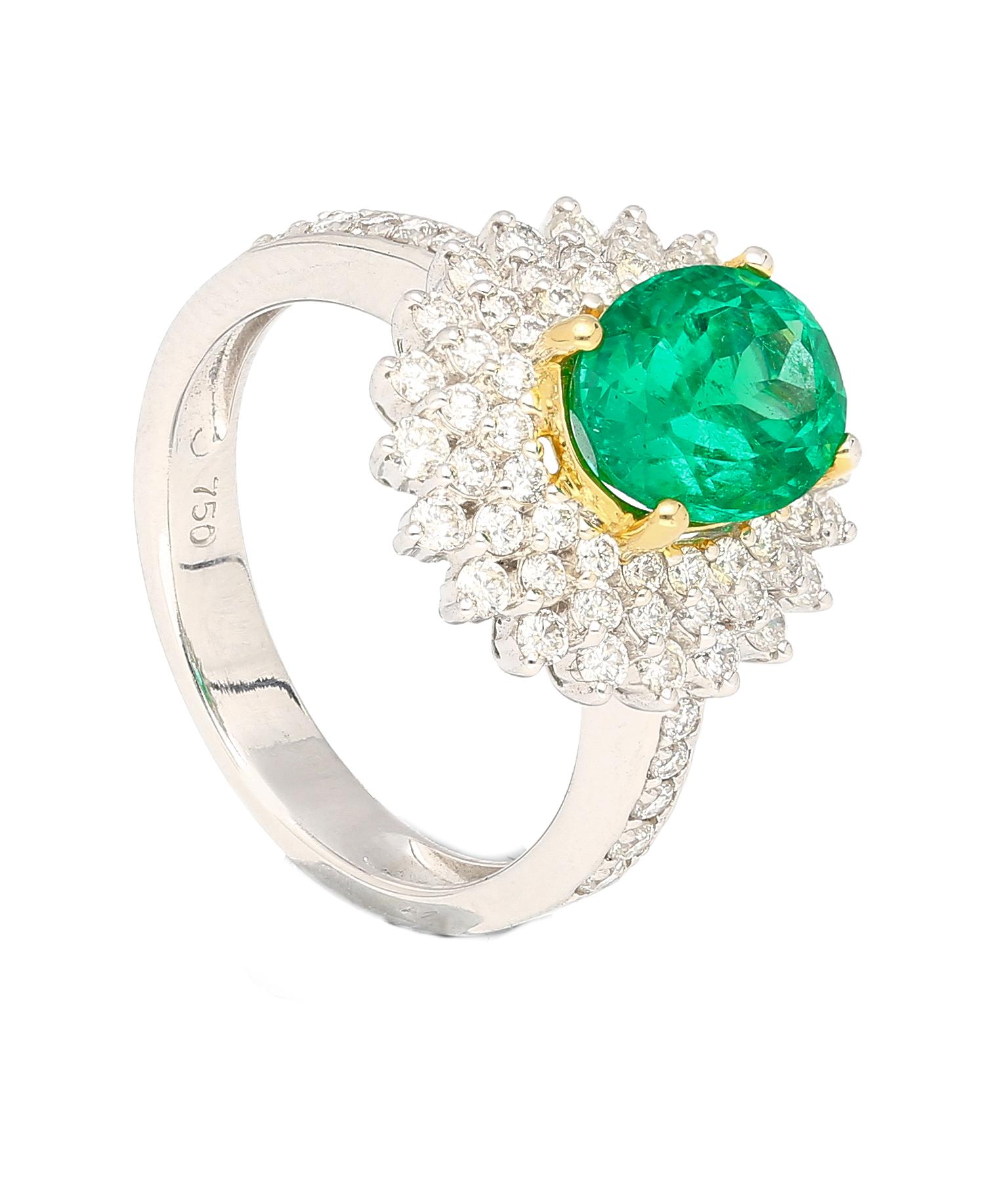 Art Deco GIA Certified 1.7 Carat Oval Minor Oil Colombian Emerald & Diamond Halo Ring 18k