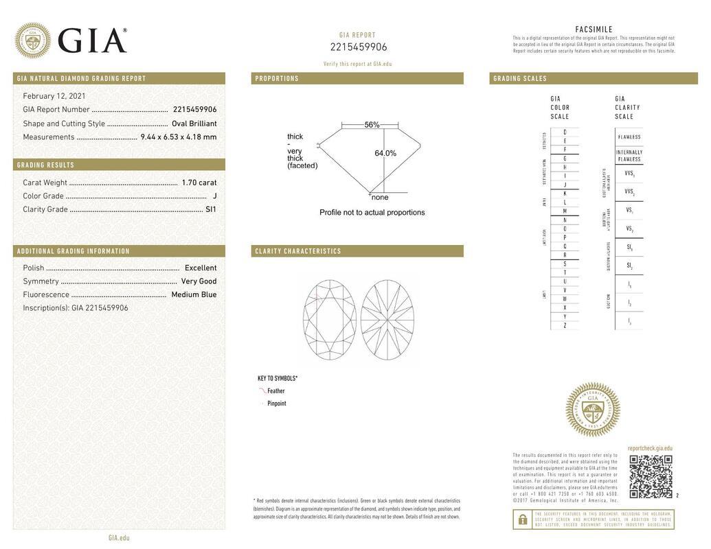 Contemporain Bague à diamants certifiée GIA de 1.7 carat, solitaire ovale et serti en canal en vente