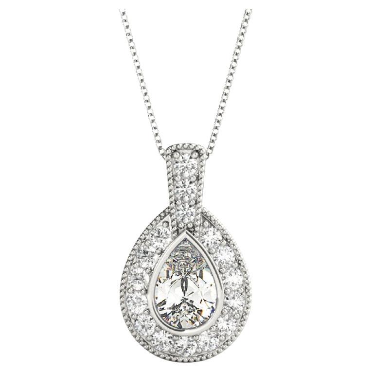 GIA Certified 1.7 Carat Pear Diamond Halo White Gold Pendant Necklace For Sale