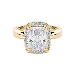 Bague en or jaune 18 carats certifiée GIA de 1,7 carat Radiant Halo Antique