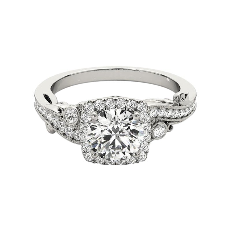 GIA Certified 1.7 Carat Round Halo Multi-Stone Curved Platinum Diamond Ring