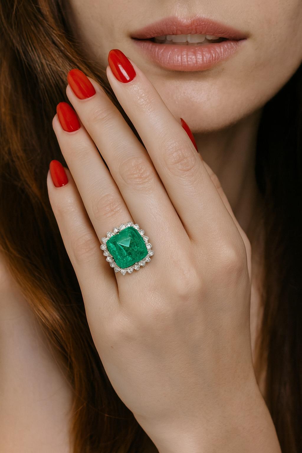 Contemporaneo Anello Cocktail con smeraldo Sugarloaf e diamanti da 17 carati certificato GIA in 18 carati in vendita