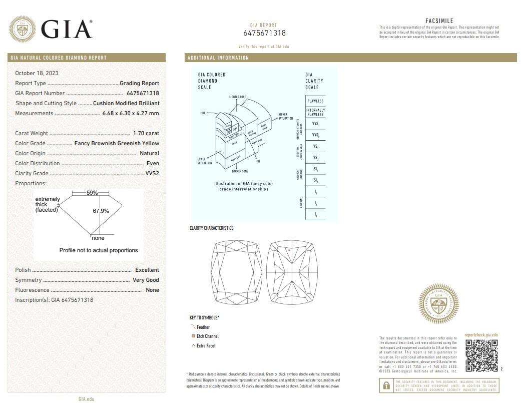 GIA Certified 1.70 Carat Fancy Brownish Greenish Yellow VVS2 Clarity Diamond For Sale 1