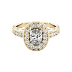 GIA Certified 1.70 Carat Oval Halo Engraved Openwork Diamond Ring