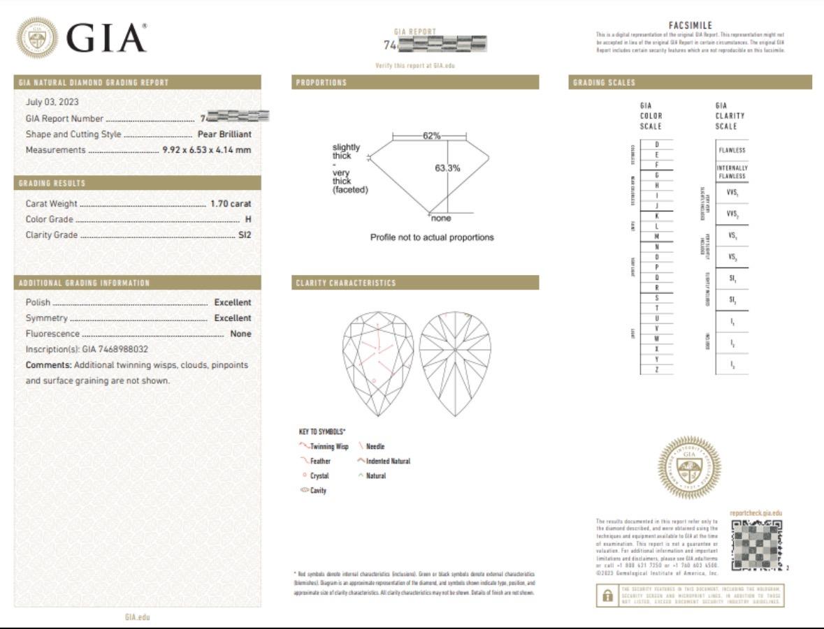 GIA-zertifizierter 1,70 Karat birnenförmiger natürlicher Diamant (Verlobungsringe) im Angebot 2