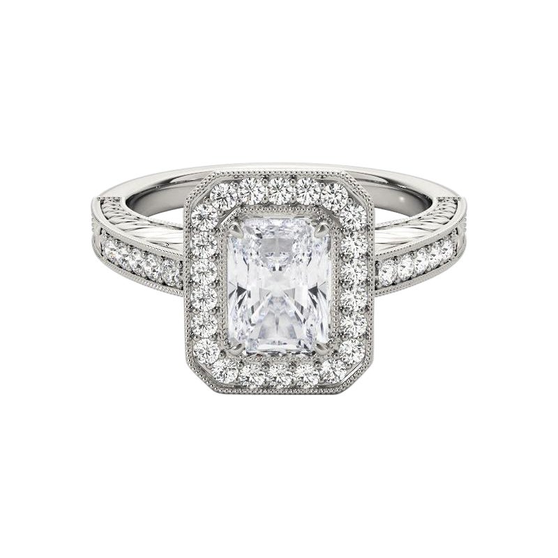 GIA-zertifiziert 1,70 Karat Radiant Halo graviert Openwork Diamantring
