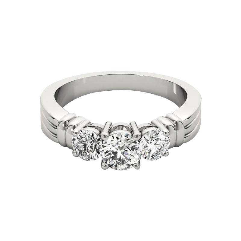 GIA Certified 1.70 Carat Round Three-Stone Ribbed Band Diamond Ring For Sale
