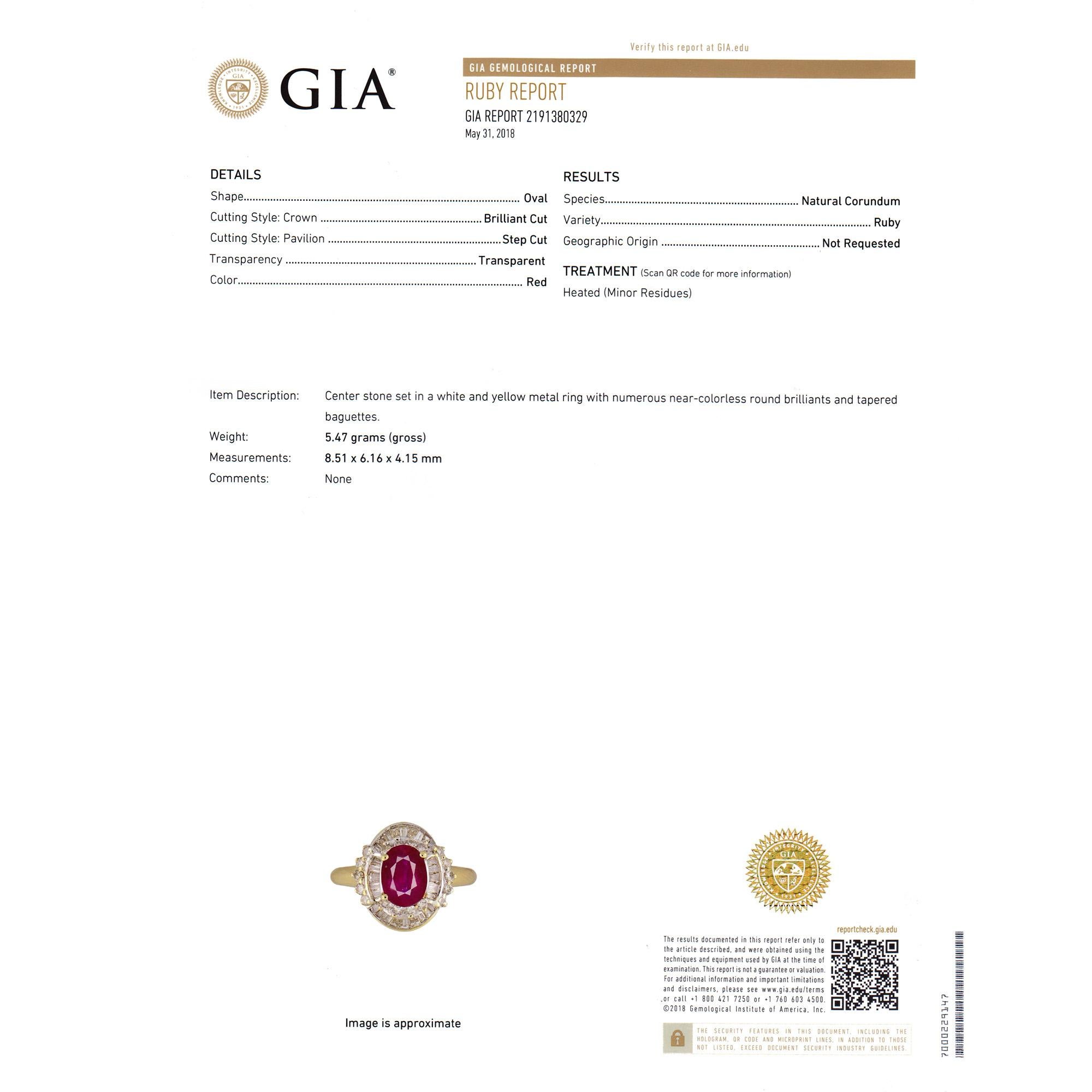 GIA Certified 1.70 Carat Ruby Diamond Yellow White Gold Engagement Ring 1